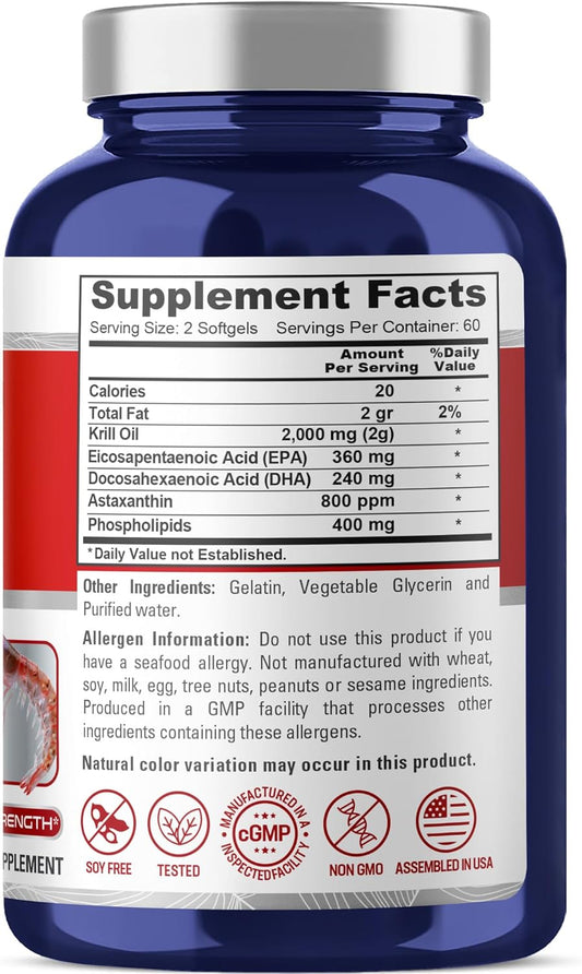 Nusapure Antarctic Krill Oil 2000 Mg 120 Softgels, Omega-3 Epa 360Mg, Dha 240Mg, Soyfree Astaxanthin Supplement Sourced From Krill 800Ppm