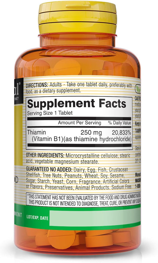 Mason Natural, Vitamin B-1 Thiamine Tablets, 250 Mg, 100-Count Bottle, Dietary Supplement Supports Energy Production And Healthy Metabolism, Helps Break Down Fats And Protein