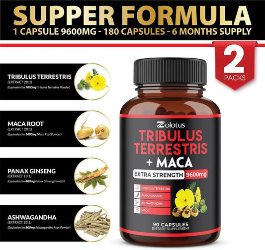 Zolotus 2 Packs Premium Tribulus Terrestris + Maca, 9600Mg Per Capsule, 6 Months Supply, Highest Potency With Ashwagndha, Panax Ginseng, Boost Energy, Mood, Stamina & Performance, For Men & Women
