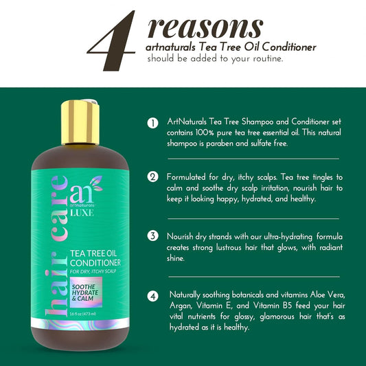 Artnaturals Luxe Tea Tree Conditioner - (16 Fl Oz / 473Ml) - Made W/ 100% Pure Natural Therapeutic Grade Tea Tree Essential Oil - For Dandruff, Sensitive, Itchy, Dry Scalp - For Men & Women