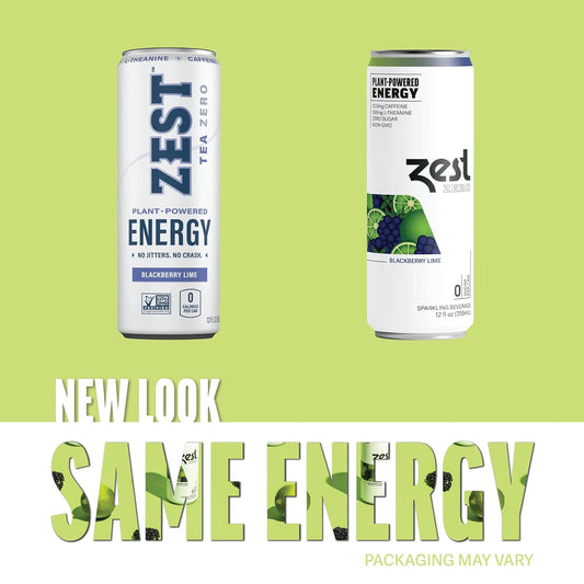 Zest Plant Powered Natural Energy Sparkling Drink - Blackberry Lime - Caffeine + L-Theanine - 12Oz Can, 12 Pack - Zero Sugar, 0 Calories, Whole 30, Healthy Coffee Substitute, Non Gmo High Caff Blend