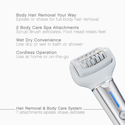 Panasonic Cordless Shaver & Epilator for Women With 7 Attachments, Gentle Wet/Dry Hair Removal, Foot Scrubber & Body Cleansing Brush, ES-EL9A-S