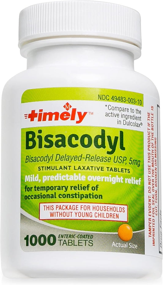 Time-Cap Labs, Inc. Timely Bisacodyl 5Mg - 1000 Tablets - Laxatives For Constipation Relief - Compared To The Active Ingredients In Dulcolax - Gentle, Dependable Constipation Relief For Adults