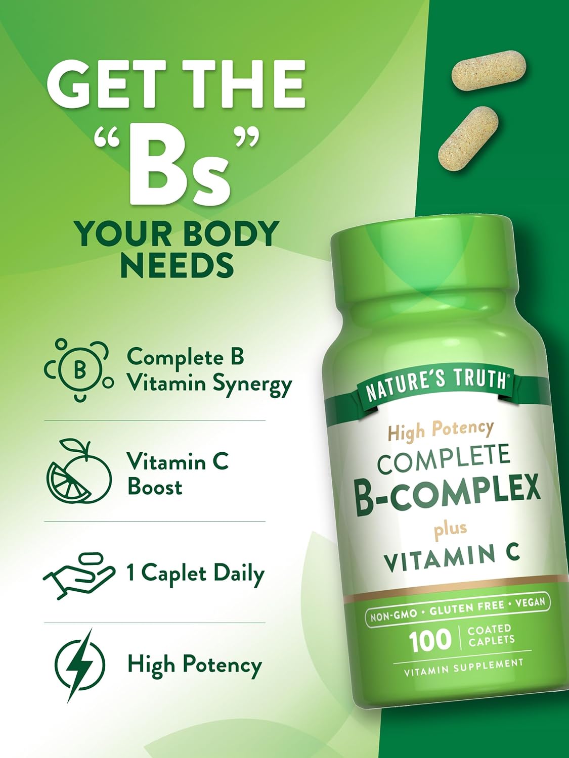Nature's Truth Vitamin B Complex Plus Vitamin C | 100 Caplets | Vegan, Non-GMO & Gluten Free Supplement : Health & Household