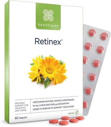 Healthspan Retinex Eye Support | 60 Tablets | 10Mg Natural Source Of Lutein | High Levels Of Zeaxanthin | Added Vitamin B2 | Vegan