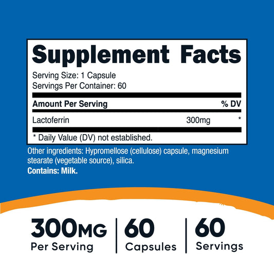 Nutricost Lactoferrin Capsules (60 Capsules, 300Mg) Third-Party Tested, Gluten-Free, Vegetarian, Gmp Compliant, Non-Gmo Product - 60 Servings