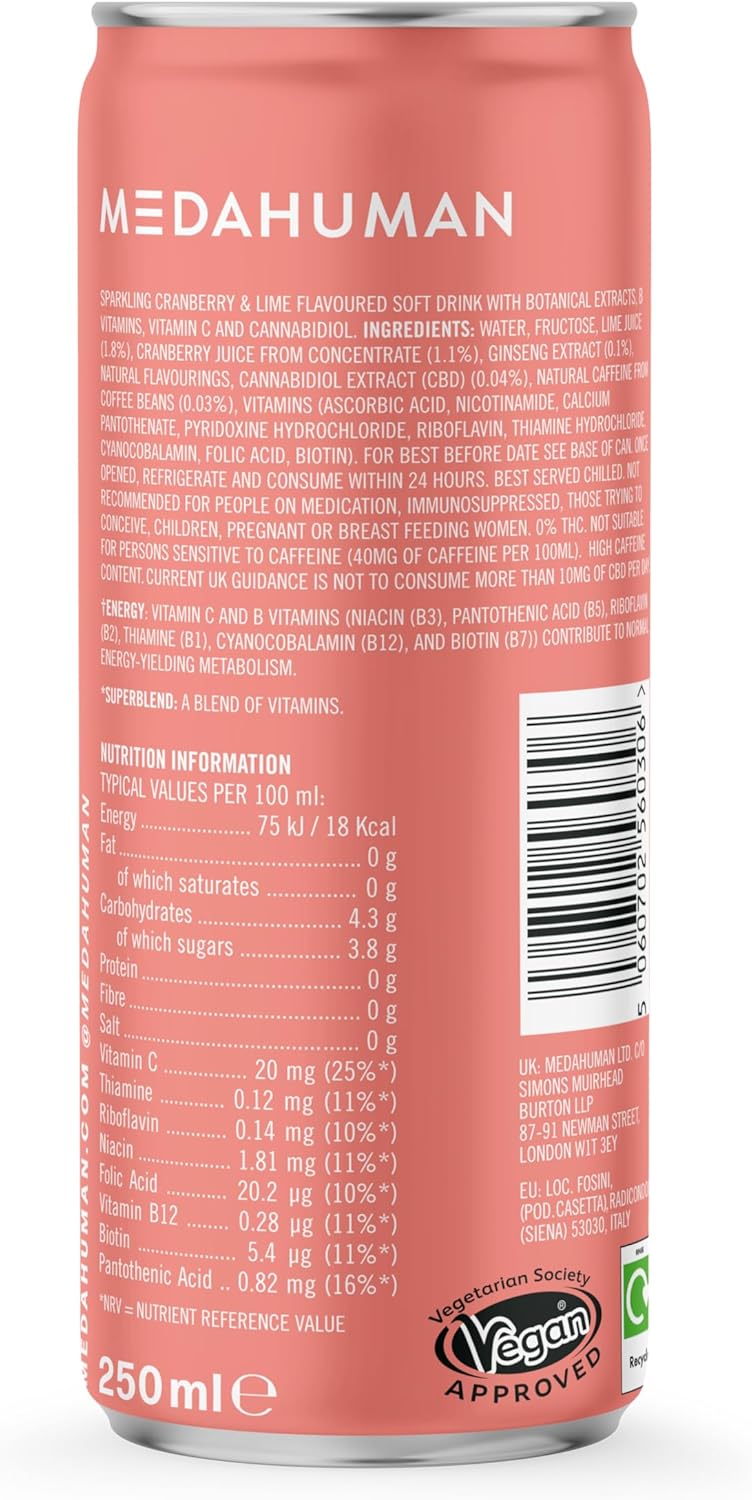 MEDAHUMAN CBD Drink (20mg), Energy, Cranberry & Lime, with Natural Caffeine, Ginseng, Vitamin C & B, Low Calorie, Vegan, Nootropic, Adaptogens & CBD Infused Clean Energy Drink (Pack of 12 x 250ml) : Amazon.co.uk: Grocery