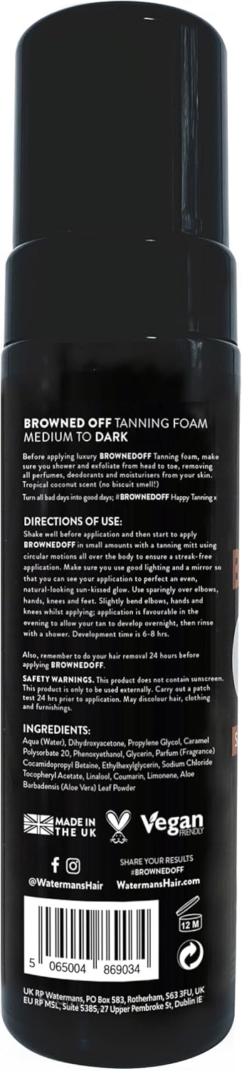 Browned Off® Medium to Dark (200ml) Watermans Self Tanning Mousse with Aloe Vera, Vitamin E, Fast Drying Vegan Best Fake Tan. : Amazon.co.uk: Beauty