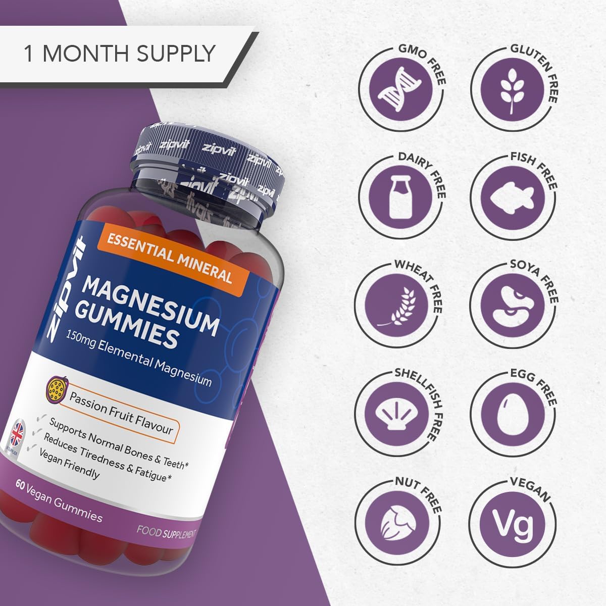 Zipvit Magnesium Gummies for Adults, 150mg Elemental Magnesium Citrate, Supports Energy, Muscle & Bone Health, Passionfruit Flavour, 60 Vegan Gummies, 1 Month Supply : Amazon.co.uk: Health & Personal Care