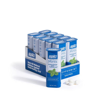 Epic Xylitol Mints - Sugar Free & Aspartame Free Mints Sweetened W/Xylitol For Dry Mouth & Gum Health (Peppermint, 55-Piece Tin, 10 Tins)