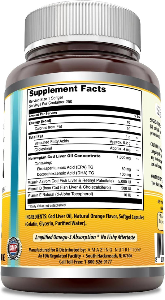 Amazing Omega Norwegian Cod Liver Oil 1000 Mg Softgels Supplement | Omega-3, Epa, Dha, Vitamin A, Vitamin D & Vitamin E (Orange | 250 Count)