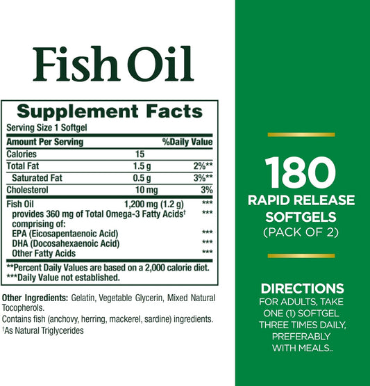 Nature'S Bounty Fish Oil 1200 Mg, Twin Pack, Supports Heart Health With Omega 3 Epa & Dha, 360 Rapid Release Softgels