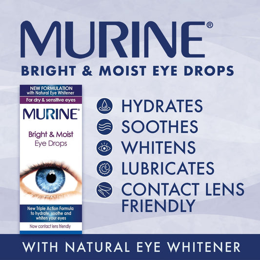 Murine Bright & Moist Eye Drops To Whiten Eyes As Well As Hydrating And Soothing Dry And Sensitive Eyes, 15Ml
