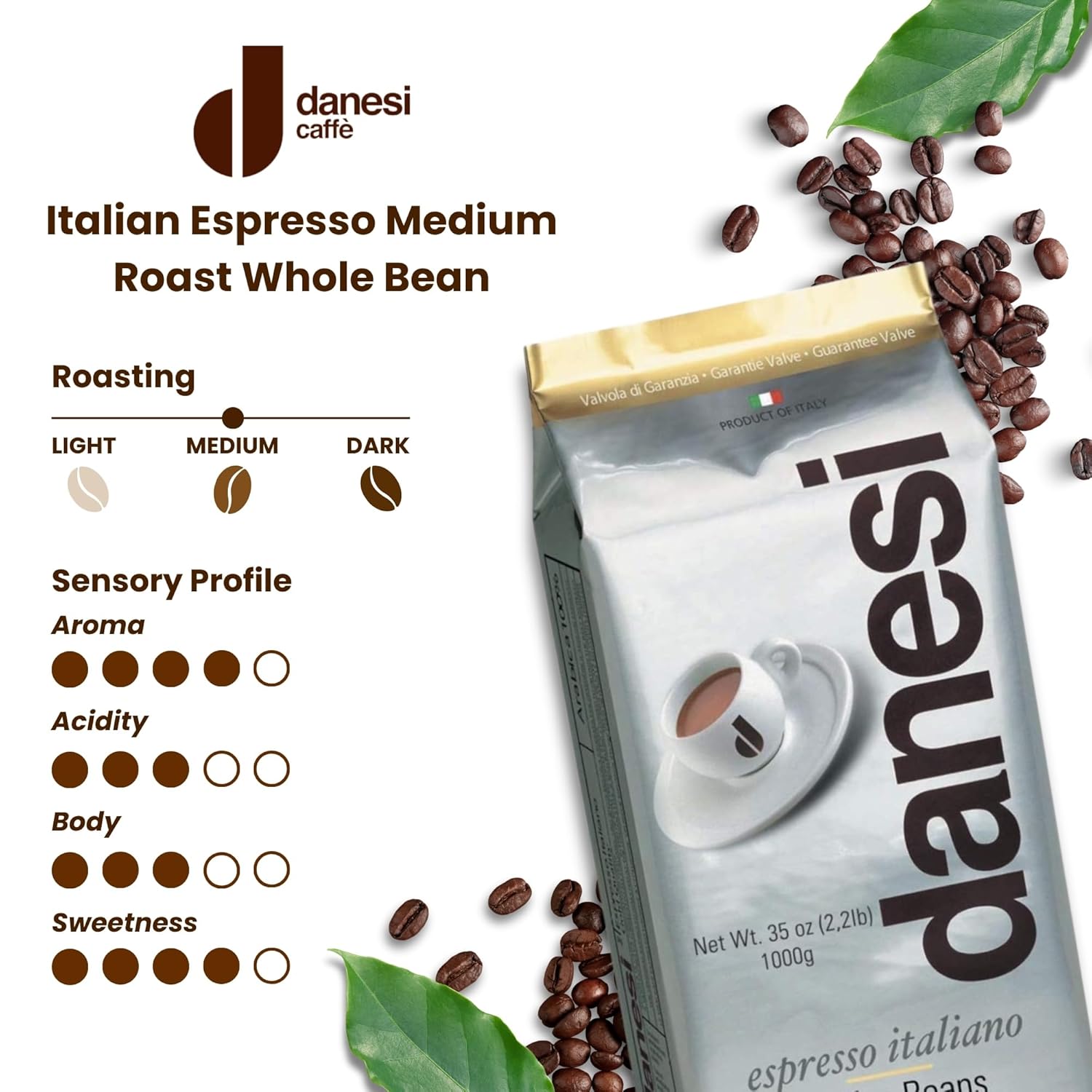 Danesi Caffe Italian Whole Coffee Beans - Espresso Coffee Beans And Medium Roast Whole Bean - Perfect For Espresso Machines, French Press, And Home Brewing - Gold (2.2 Lb)