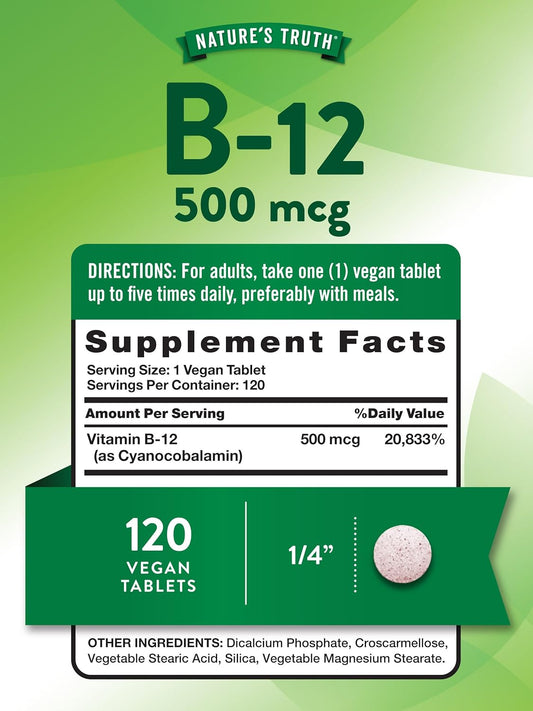 Nature'S Truth B12 Vitamin | 500 Mcg | 120 Tablets | Vegetarian, Non-Gmo & Gluten Free Supplement