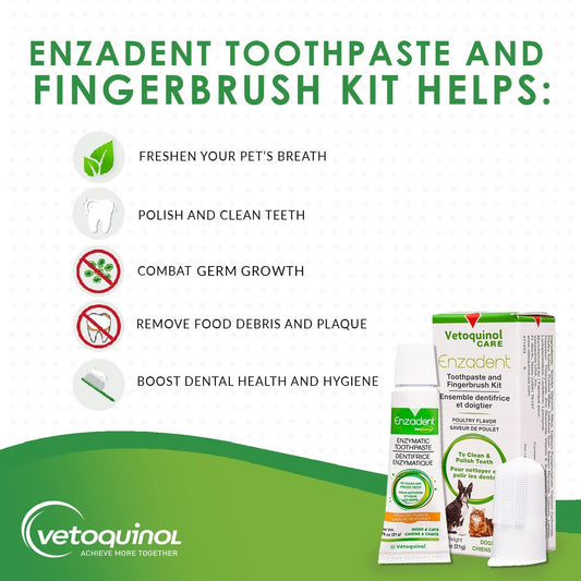 Vetoquinol Enzadent Enzymatic Toothpaste Kit + Fingerbrush For Cats & Dogs – .75Oz, Poultry Flavor – Oral Dental Care Kit: Removes Plaque, Polishes Teeth & Freshens Breath
