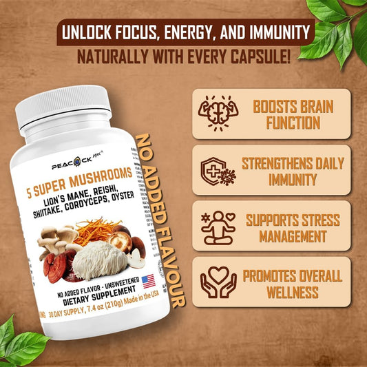5 Mushrooms Supplement, 180 Count – Lion'S Mane, Reishi, Shiitake, Cordyceps, Oyster Immune & Brain Supplement For Memory And Focus, Dietary Supplement For Energy