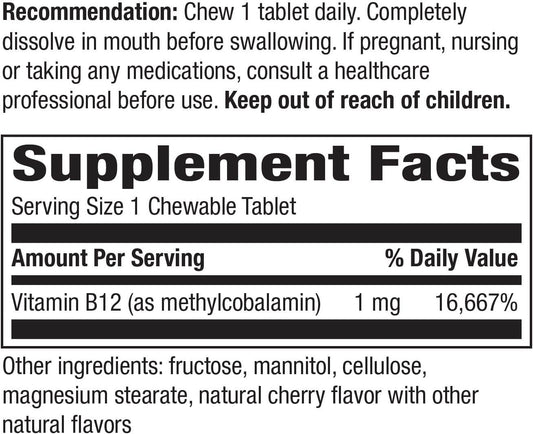 Nature'S Way B12 Infusion 1,000 Mcg (1 Mg) Potency; 30 Chewable Tablets; Delicious Cherry Flavor; Vegan; Energy Support*, Pack Of 3 (Packaging May Vary)