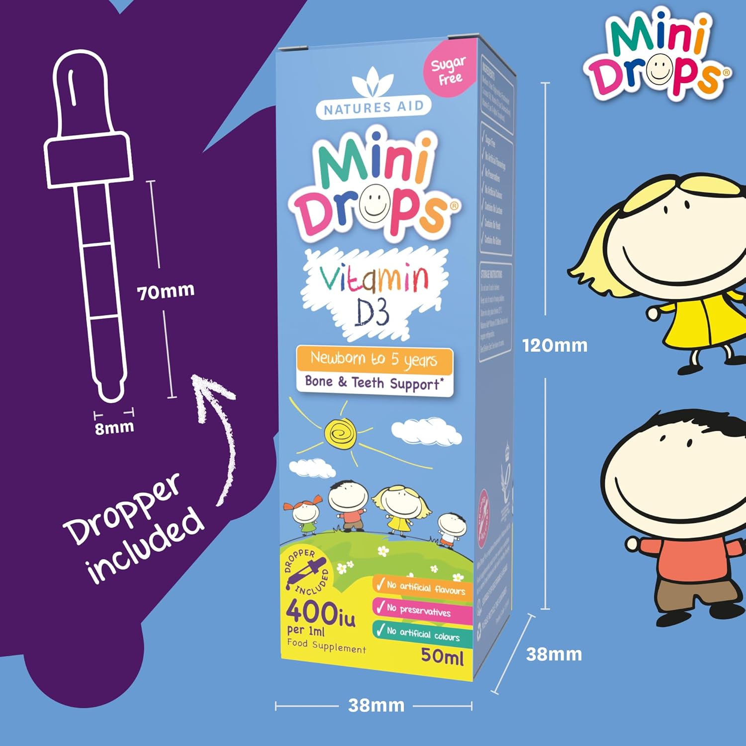 Natures Aid Mini Drops Vitamin D3 50ml for Infants & Kids - Bone, Teeth, Health & Immune System Support - Sugar Free, Vegan, Gluten-Free, Non-GMO - Growth Support for Children Age 0-5 Dropper Included : Amazon.co.uk: Health & Personal Care