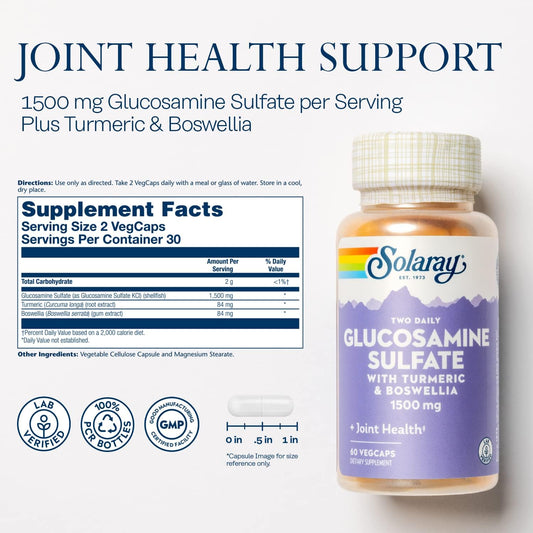 Solaray Glucosamine Sulfate 1500Mg, Healthy Joint Support Supplement, Powerful Connective Tissue And Joint Health Formula With Turmeric & Boswellia, 60-Day Money Back Guarantee, 30 Serv, 60 Vegcaps