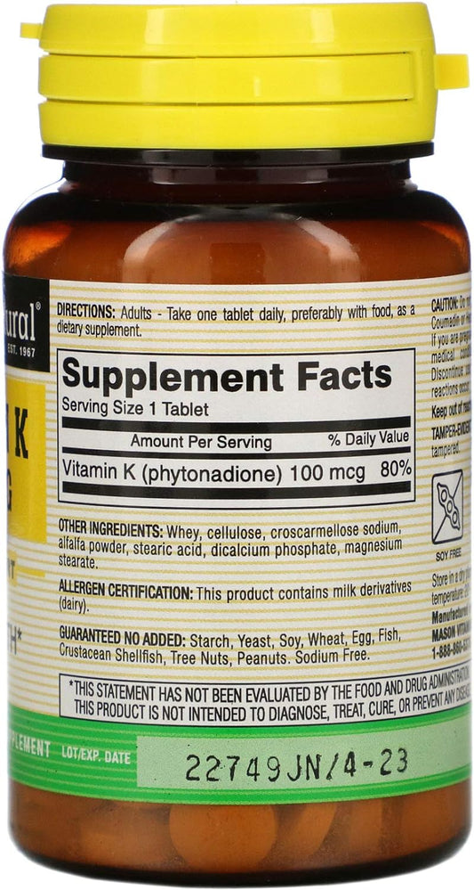 Mason Vitamins Vitamin K 100 Mcg Tablets, 100-Count Bottles