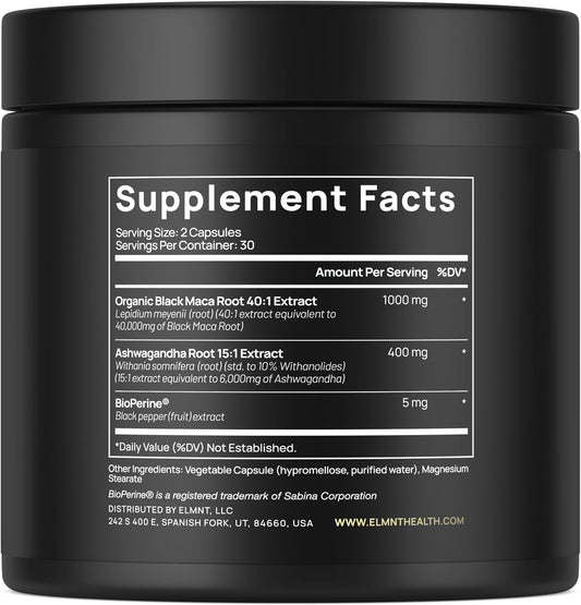 Elmnt 40,000Mg 40X Strength Organic Black Maca Root With Ashwagandha - Highest Potency Black Maca Root Capsules For Men - 100% Pure Maca Peruana Powder Organic, Gelatinized, Non-Gmo - 60 Pills