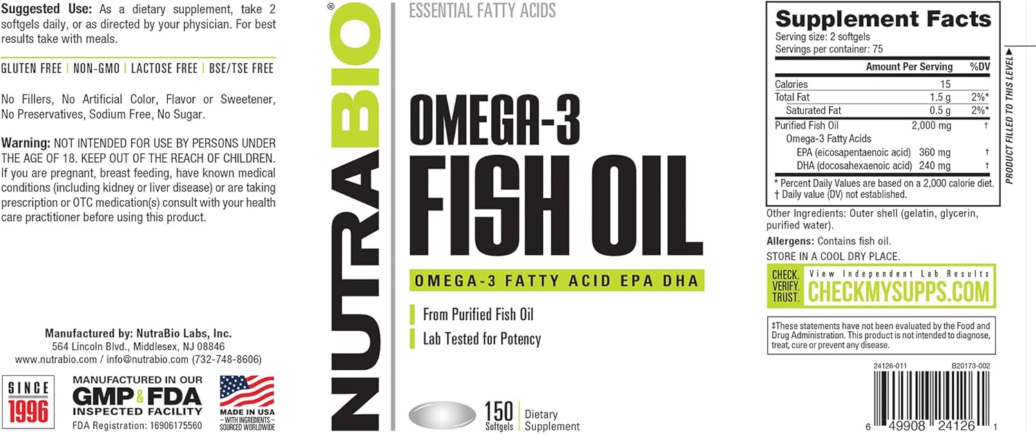 Nutrabio Omega 3 Fish Oil Supplements, 2,000Mg, 150 Softgels - Epa Dha Omega 3 Fatty Acid Supplement To Help Support A Healthy Heart : Health & Household
