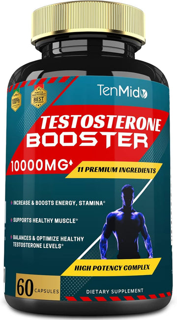 Tenmido Testosterone Booster For Men, Equivalent To 10000Mg - Natural Stamina, Endurance & Strength Supplement - Muscle Building Growth, Increasing Performance, Boosts Energy