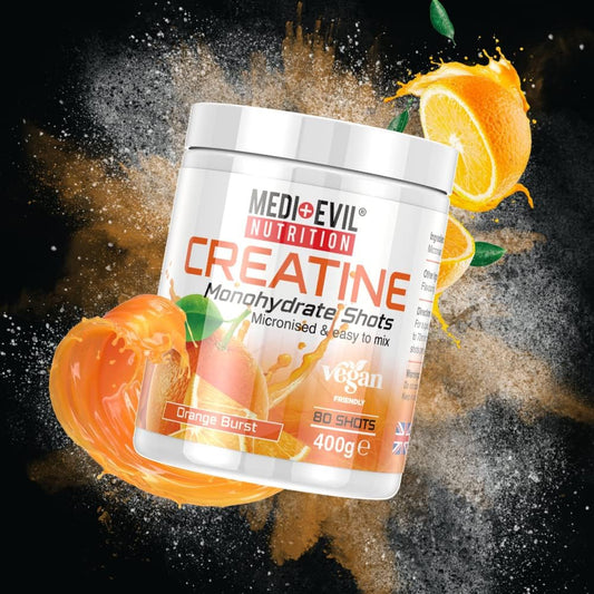 Medi-Evil Nutrition Creatine Monohydrate Shots Powder Vegan Friendly, Orange Burst Flavour, 400G, 80 Servings, Micronised For Easy Mixing (Pack Of 1 Tub)