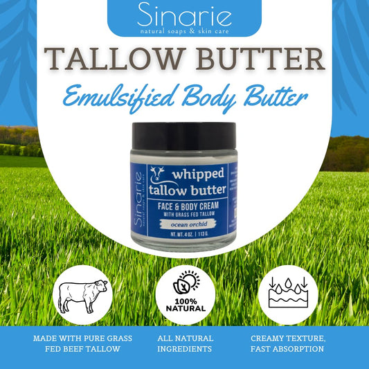 Grass-Fed Beef Tallow Body Butter - Emulsified, Non-Greasy Moisturizer, 4 Oz Soaps & Skin Care (4 Oz., Ocean Orchid)