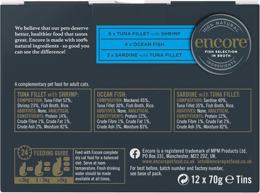 Encore 100% Natural Wet Cat Food Multipack Fish Selection In Broth 4 X 12 X 70G (Total 48 Tins)Enc1104-1En
