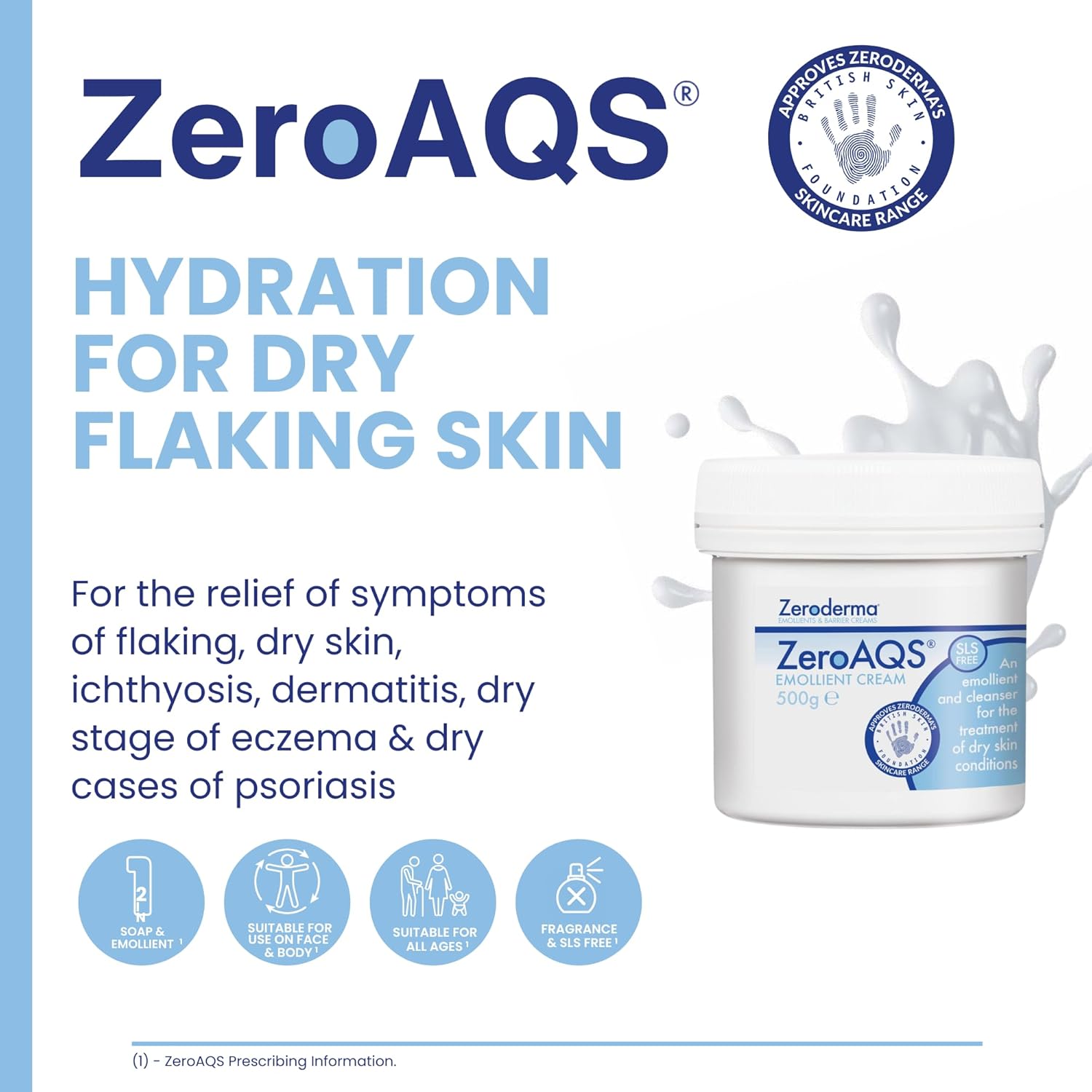 Zeroderma ZeroAQS Emollient Cream, 2-in-1 Emollient & Soap Substitute, adds moisture for the relief of flaking dry skin conditions. 500g : Amazon.co.uk: Beauty