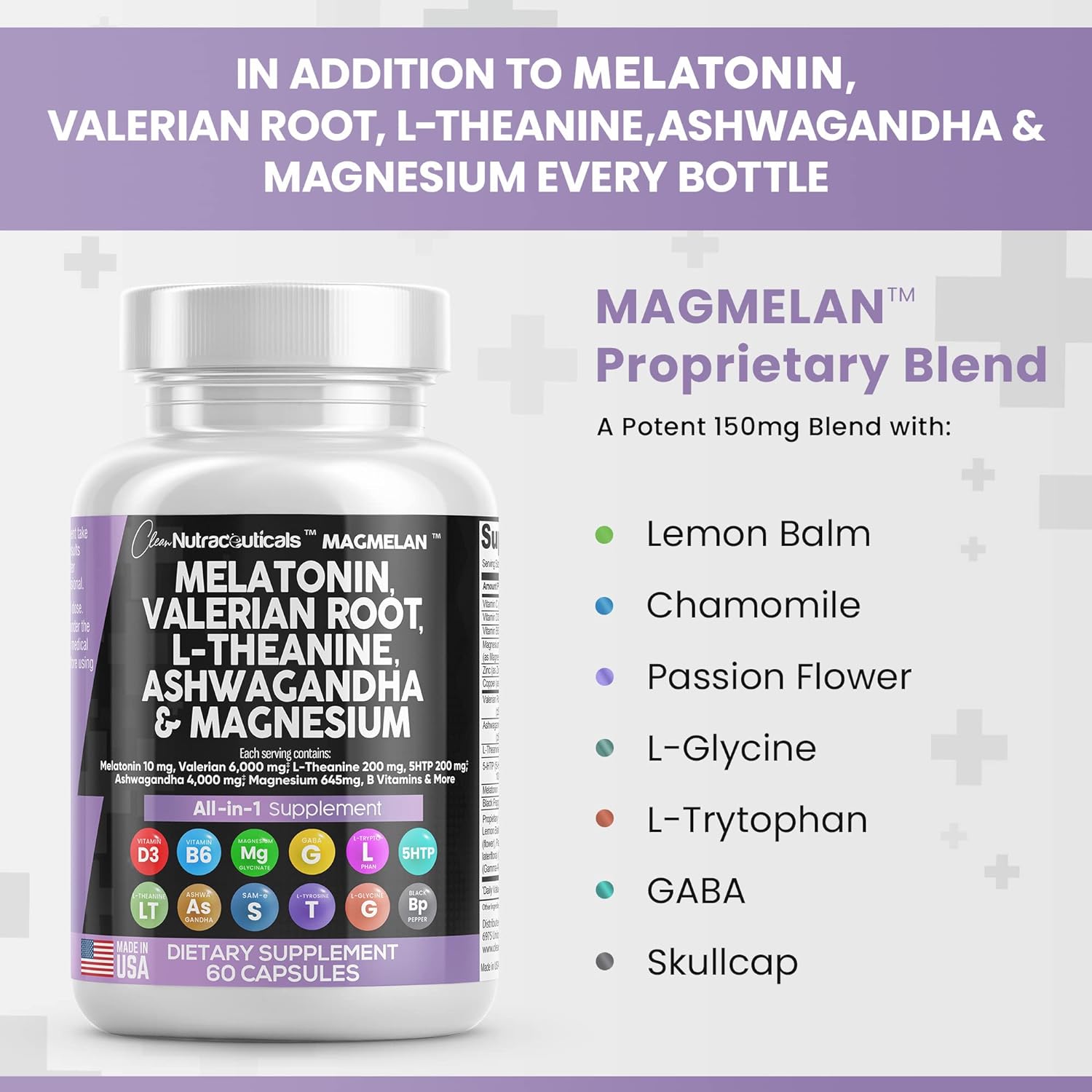 Clean Nutraceuticals Melatonin 10mg Valerian Root 6000mg L Theanine 200mg Ashwagandha 4000mg - Sleep Support for Women & Men with Magnesium Complex, Lemon Balm, Chamomile, & Passion Flower - 60 Caps : Health & Household