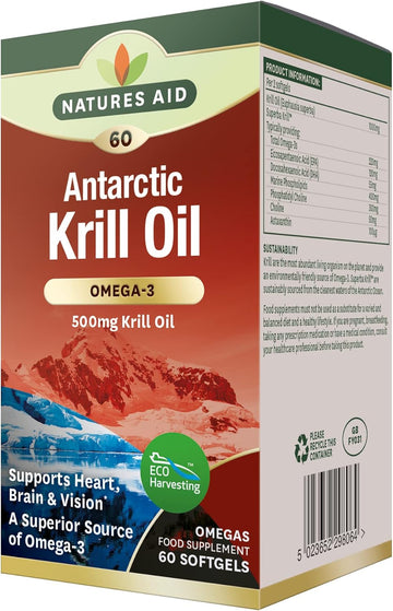 Natures Aid Krill Oil 500Mg Capsules – High Omega-3 Epa & Dha To Support Heart, Brain & Vision – High Absorption Phospholipids & Astaxanthin – Sustainably Sourced – No Fishy Aftertaste – 60 Softgels