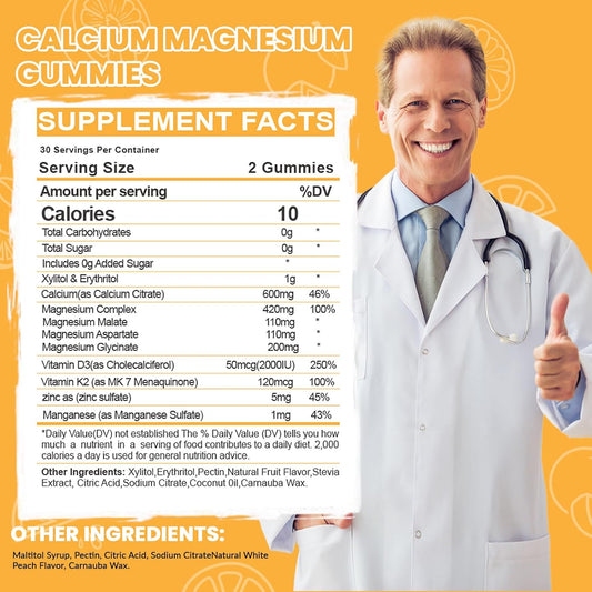 Calcium Magnesium Gummies For Adult: With Zinc Vitamin D3 K2 For Women Men Organic Sugar Free Vegan Chewable Gummy - High Absorption For Immune Strength?60Count