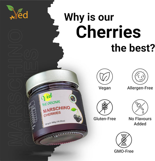 Ved Gourmet Original Black Maraschino Cherries - Italian Cherry For Old-Fashioned Cocktails - Vegan Cocktail, Bourbon Cherries In Natural Syrup For Cocktail Garnish,300G