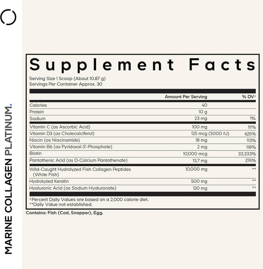 Codeage Marine Collagen Protein Powder Supplement Platinum - Biotin 10,000 Mcg, Vitamin C, D3 & B6, Keratin, Hyaluronic Acid, Niacin, Wild Caught Hydrolyzed Fish Collagen Peptides - Non-Gmo - 11.50 Oz