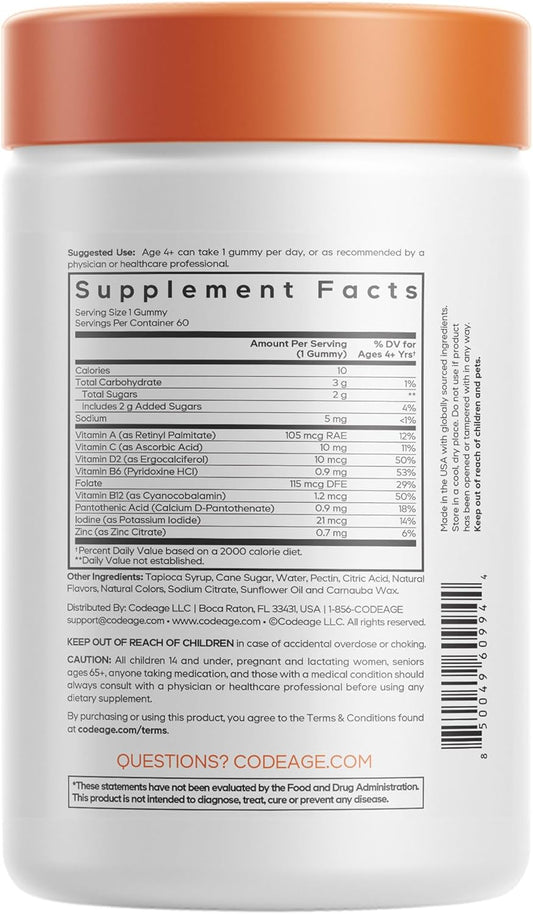 Codeage Kids Multivitamin Gummies Supplement - Vitamins A, C, D2, B6, B12, Zinc, Folate, Iodine - 2-Month Supply Children'S Vitamins - Non-Gmo, Gluten-Free, Dairy-Free - Mixed Fruits - 60 Gummies