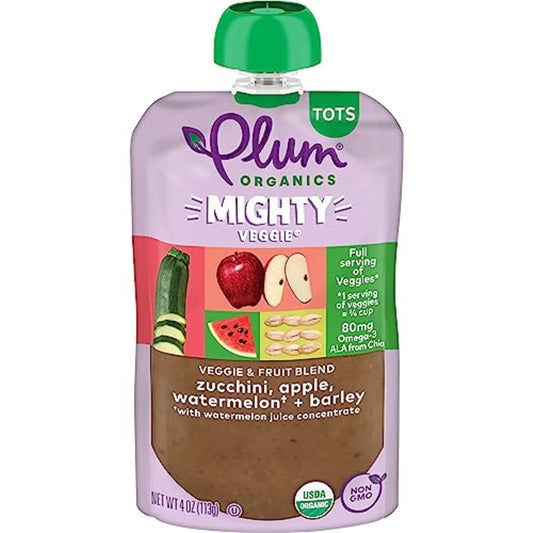 Plum Organics Mighty Veggie Organic Toddler Food - Zucchini, Apple, Watermelon, And Barley - 4 Oz Pouch (Pack Of 6) - Organic Vegetable Toddler Food Pouch