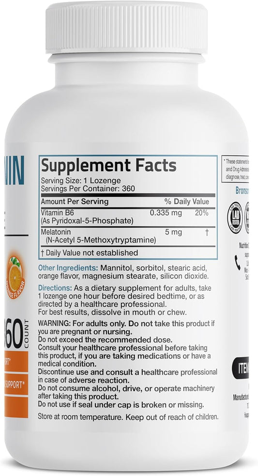 Bronson Melatonin 5Mg Fast Dissolve Orange Flavor Tablets With Vitamin B6 - Promotes Relaxation, 360 Vegetarian Chewable Lozenges
