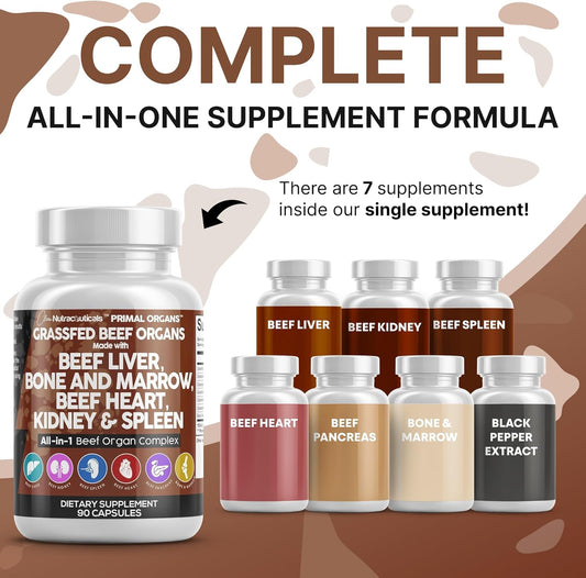 Clean Nutraceuticals Grass Fed Beef Liver Capsules - Premium Quality Supplement Packed With Desiccated, Beef Heart, Spleen, Pancreas Plus Bone & Marrow Dao Enzyme Pills