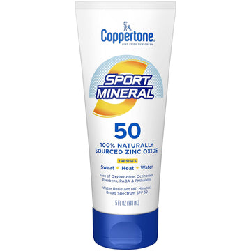 Coppertone SPORT Sunscreen Lotion SPF 50, Zinc Oxide Mineral Sunscreen, Water Resistant Body Sunscreen SPF 50, 5 Fl Oz Tube