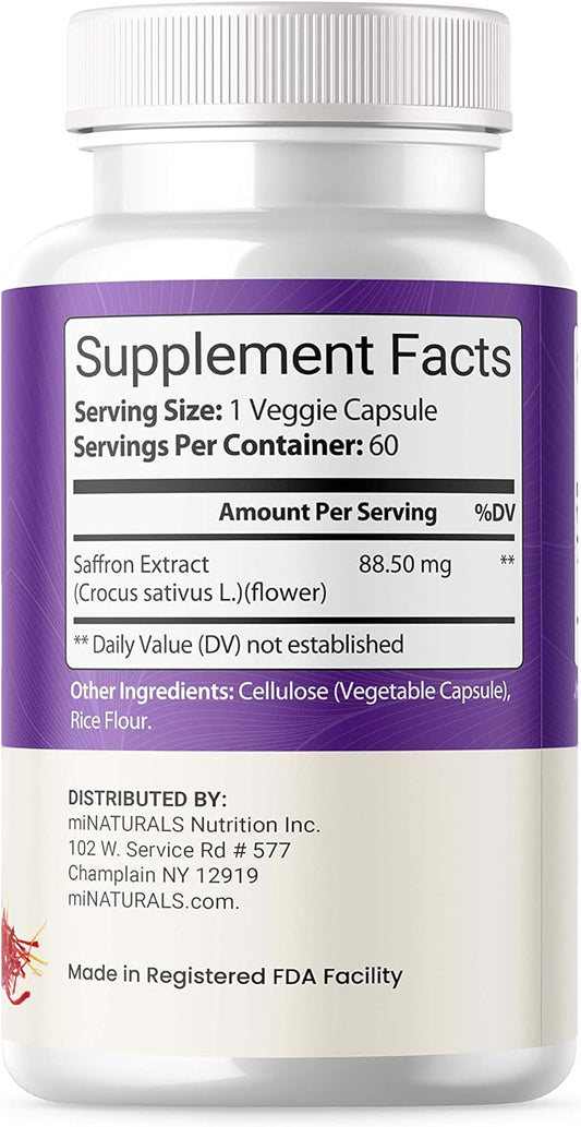 Natural Saffron Supplements - Pure Premium Extract Capsules - Mood Support - Eye Support - Energy - Made In Usa - 88.50 Mg - 60 Pills - Optimized - Pastillas De Azafran