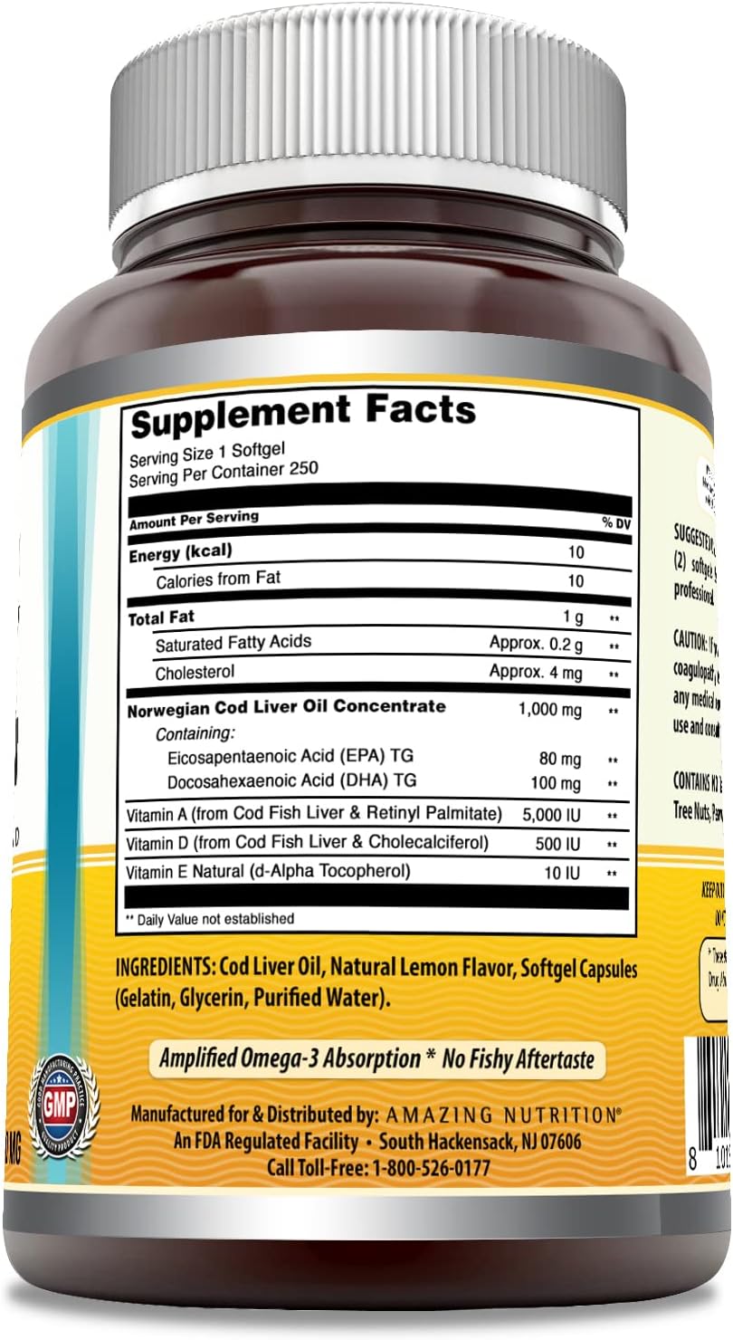 Amazing Omega Norwegian Cod Liver Oil 1000 Mg 250 Softgels | Lemon Flavor : Health & Household