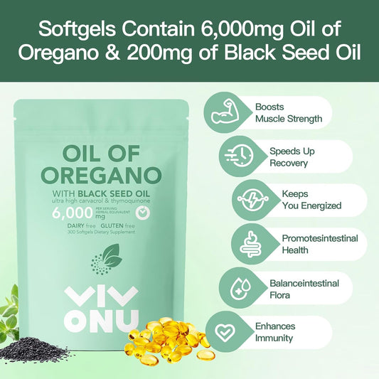 Oil Of Oregano Capsules | 6000Mg Oil Of Oregano With Black Seed Oil Pill | Organic Wild Harvest Oregano | Aceite De Oregano Softgels| Non-Gmo | Gluten Free Formula