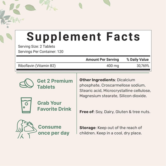 Micro Ingredients Riboflavin Vitamin B2, 400Mg Per Serving, 240 Mini Tablets | Essential Vitamin B Supplement | B Vitamins For Energy Production | Easy To Swallow, Non-Gmo