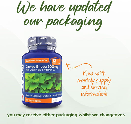 Zipvit Ginkgo Biloba 6000Mg With Vitamins B3 & B5, 360 Vegan Tablets, Supports Memory, Focus, Brain Health & Cognitive Wellness, Standardised 50:1 Leaf Extract, 12 Months Supply