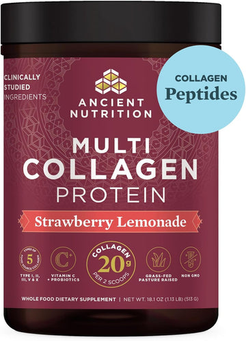 Ancient Nutrition Hydrolyzed Collagen Peptides Powder With Probiotics, Strawberry Lemonade Multi Collagen Protein For Women And Men With Vitamin C, 45 Servings, Supports Skin And Nails, Gut Health, 18