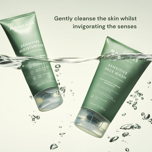 Mancave Sensitive Skin & Body Gift Set, Face Wash, Moisturiser, Shower Gel, Dermatologically Tested, Natural Formulations, Ideal For Travel, Vegan, Made In England, Packaging May Vary
