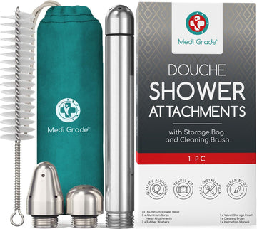 Medi Grade Shower Douche Kit For Men And Women - Comprehensive Aluminium Shower Enema Kit For Adults With 3 Shower Douche Nozzle Attachments, Cleaning Brush And Storage Bag - Anal Douche Shower Head